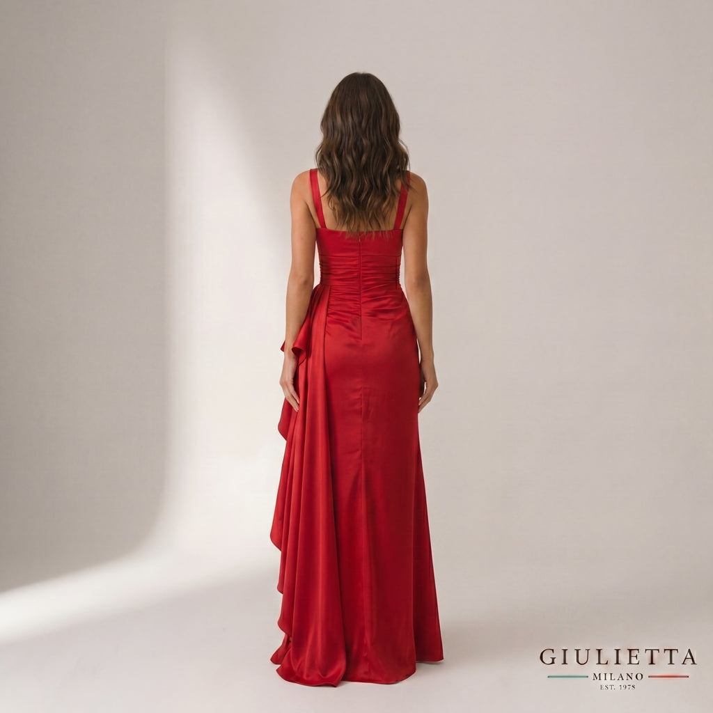VESTIDO PENELOPE™ | Vestido largo satinado con escote cuadrado y abertura